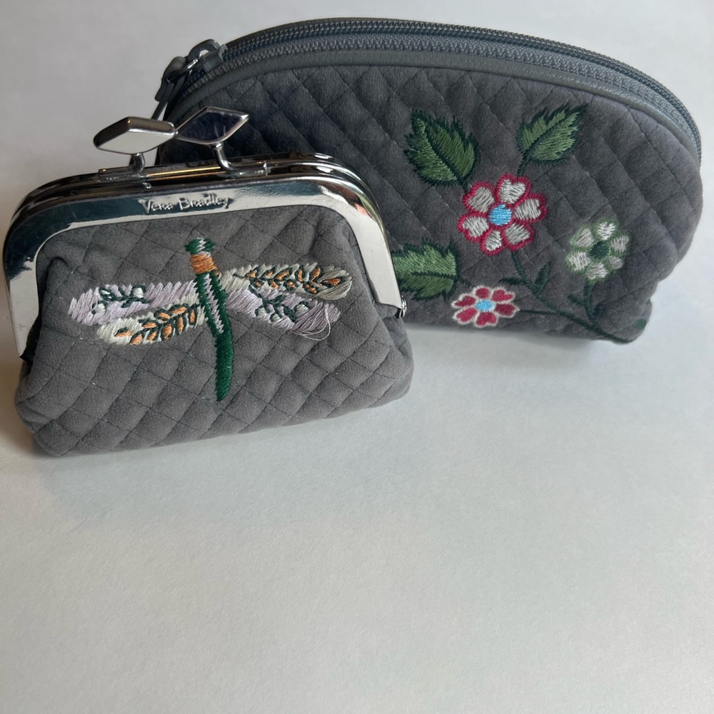 Vera Bradley Gray Quilted Cosmetic Bag Set with Floral/Dragonfly Embroidery